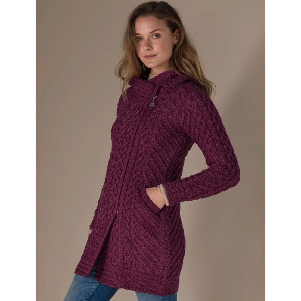 NWT Aran Crafts Purple Claddagh Heart Design Side Zip Coatigan Womens Medium